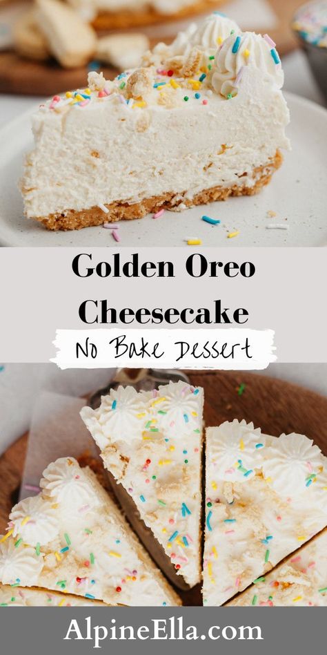 Golden Oreo Desserts Easy Recipes, Vanilla Oreo Cheesecake, No Bake Golden Oreo Cheesecake, Mini Golden Oreo Cheesecake, Golden Oreo Strawberry Cheesecake, Golden Oreo Recipes, Golden Oreo Cheesecake, No Bake Cookie Monster Cheesecake, Sour Cream Cheesecake