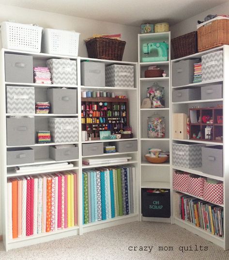 Ikea Crafts, Sewing Spaces, Connecting Threads, Sewing Room Design, Bookcase Organization, Ikea Billy Bookcase, Dream Craft Room, Crazy Mom, Ikea Billy