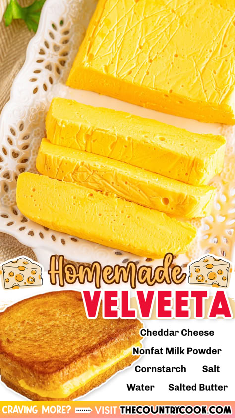 You only need 6 ingredients to make an easy block of this creamy, melty Homemade Velveeta. It looks and tastes just like store-bought, but better! Homemade Pepto Bismol, Homemade From Scratch Recipes, Sustainable Food Recipes, Homemade Alternatives, Homemade Cheeses, Homemade Velveeta, Homemade Staples, Velveeta Recipes, Cheese Recipes Homemade