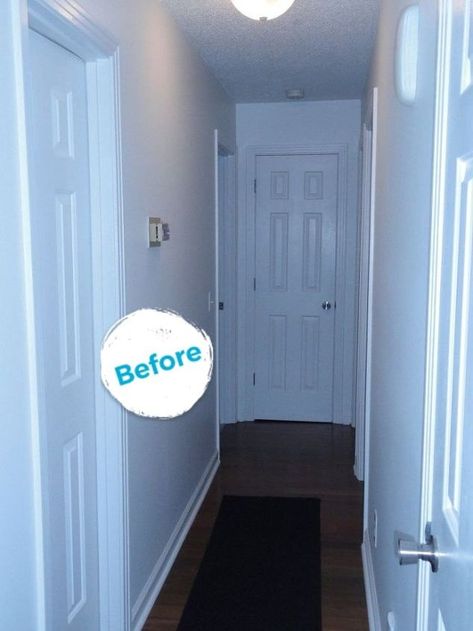 Hometalk Highlights: Hallway Edition Door At The End Of Hallway, How To Decorate A Small Hallway, Hallway With Door At The End, Door At End Of Hallway, Door Decals Ideas, Gallery Wall Hallway Narrow, Hallway Makeover Before And After, Dark Hallway Ideas, Decorate Hallway