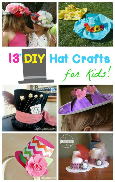 13 DIY Hat Crafts for kids plus some really fun ideas for celebrating Mad Hatter Day on October 6th) - what a fun way to have an Alice in Wonderland day with toddler,  preschool, prek, kindergarten, first grade, and 2nd grade kids. Hat Crafts For Kids, Mad Hatter Day, Alice In Wonderland Crafts, Hats For Kids, Crazy Hat Day, Hat Day, Crazy Hats, Alice In Wonderland Party, Diy Hat