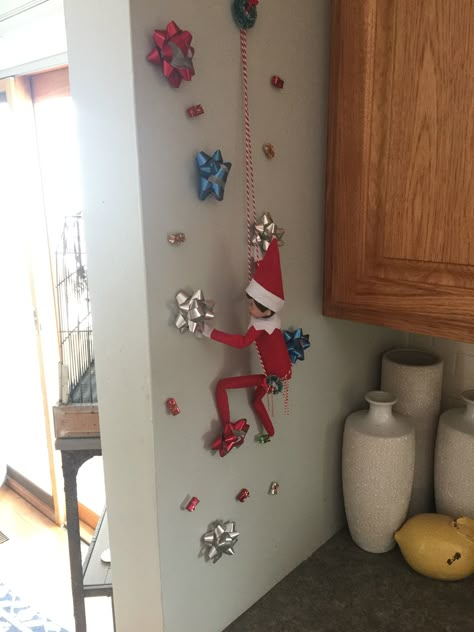 Elf on the shelf rock climbing Rock Wall Elf On The Shelf, Elf On The Shelf Rock Climbing Wall, Elf On The Shelf Rock Climbing, Awesome Elf On The Shelf Ideas, Elf Activities, Elf On A Shelf Ideas, Rock Climbing Wall, Rock Wall, Climbing Wall