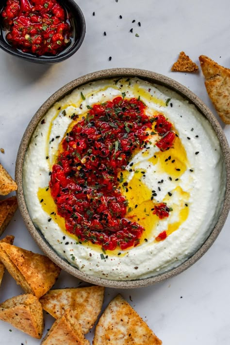 Whipped Feta Dip with Roasted Red Peppers Salsa - Apron & Whisk Jam Buns, Roasted Red Pepper Salsa, Whipped Feta Dip, Ricotta Dip, Roasted Red Pepper Dip, Pepper Salsa, Creamy Feta, Brioche Bun, Feta Dip