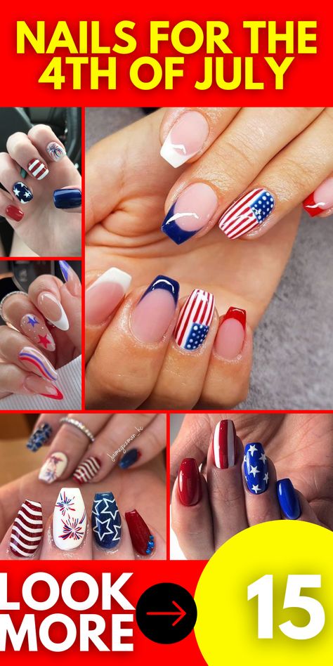 Add a touch of patriotism to your nails this 4th of July with these stunning nail ideas. Whether you prefer a simple and chic red or blue design or want to go all out with a firework-inspired gel or dip powder manicure, these nail designs will make you the star of the celebrations. From short acrylic nails to cute patriotic toe designs, there's a style for everyone. Celebrate Independence Day with style and flair. Patriotic Nails 4th Of July French Tip, Patriotic Nail Designs, Red White And Blue Nails, Patriotic Nails Design, Patriotic Nails, Powder Manicure, Fourth Of July Nails, Classic French Manicure, Glittery Nails