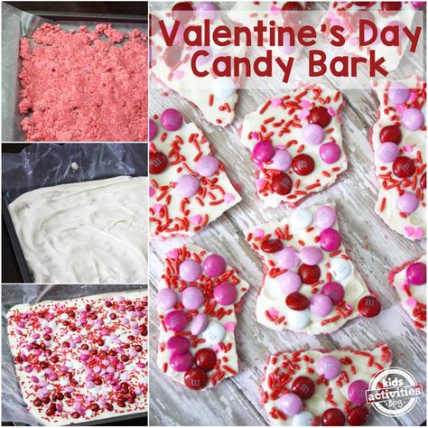 Valentine's Day Candy Bark Recipe For Your Valentines! Kids Valentines Day Treats, Candy Bark Recipes, Bark Candy, Chocolate Bark Recipe, Valentines Baking, Candy Bark, Candy Recipe, Valentines Day Food, Bark Recipe