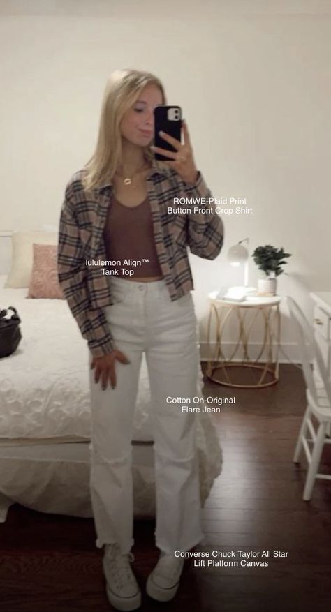 White Align Tank Outfit, Align Tank Outfit, White Align Tank, Outfits With White Jeans, Winter Flannel, White Flared Jeans, Preppy Vibes, White Jeans Outfit, Align Tank