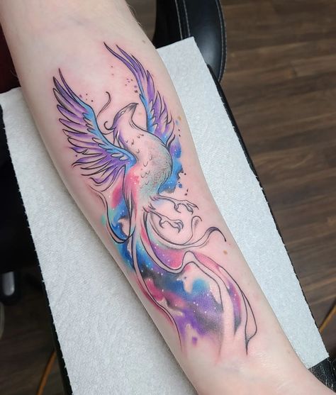 Colourful phoenix tattoo done by @kristylynneart!! Those hues look fantastic! We love the watercolor-ish effect! 😍⁠ ⁠ "Did this fun galaxy Phoenix today 💜 ✨️" - Kristy⁠ ⁠ #phoenixtattoo #colourtattoo #birdtattoo #watercolour #watercolortattoo #saskatoontattoos #yxetattoo #mamatried #mamatriedyxe #mamatriedtattoosmith Watercolour Phoenix Tattoo, Phoenix Watercolor, Watercolor Phoenix Tattoo, Illustrative Tattoos, Mama Tried, Galaxy Tattoo, Phoenix Tattoo, Birds Tattoo, Best Tattoo