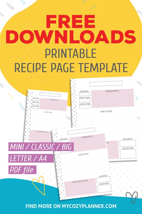 Free Printable Recipe Pages, Free Recipe Template, Happy Planner Recipe, Recipe Templates Free, Recipe Book Printables, Own Recipe Book, Printable Recipe Page, Template Free Printable, Digital Recipe Book