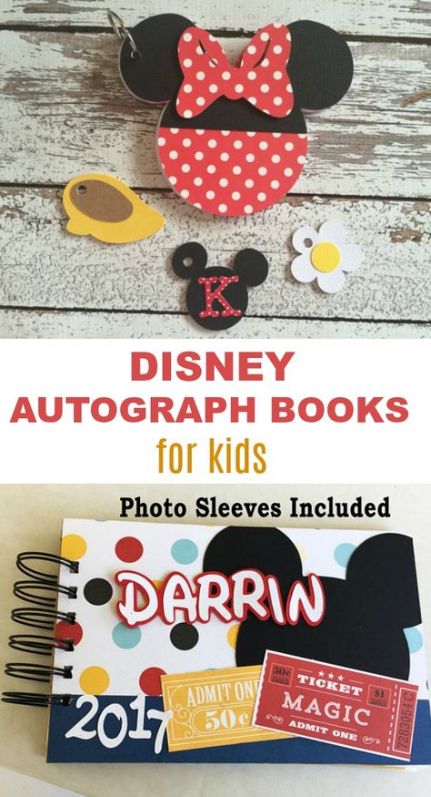 Fun ideas and for kids' autograph books -- Kids who are planning a trip to the Magic Kingdom and other Disney World parks will love these: Minnie Mouse mini album with charms and a personalized Mickey Mouse book with binder and sleeves for pictures. Both are products from Etsy. Disney Autograph Ideas, Disney Autograph Books, Diy Autograph Book, Autograph Ideas, Disney Autograph, Family Traveling, Autograph Book Disney, Autograph Book, Character Dining