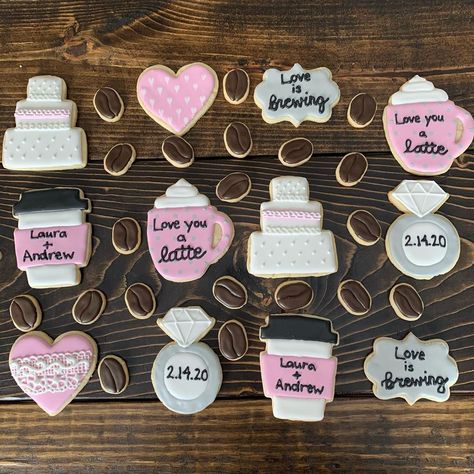 Sarah’s Sweets & Treats on Instagram: ““Love is brewing” bridal shower cookies ☕️ #bridalshowercookies #loveisbrewing #coffeecookies #loveyoualatte #decoratedcookies…” Coffee Themed Bridal Shower Cookies, Love Is Brewing Cookies, Love Is Brewing Bridal Shower Decor, Love Is Brewing Bridal Shower Ideas, Coffee Sugar Cookies, Coffee Bridal Shower, Kitchen Bridal Shower, Love Is Brewing, Bridal Shower Planning