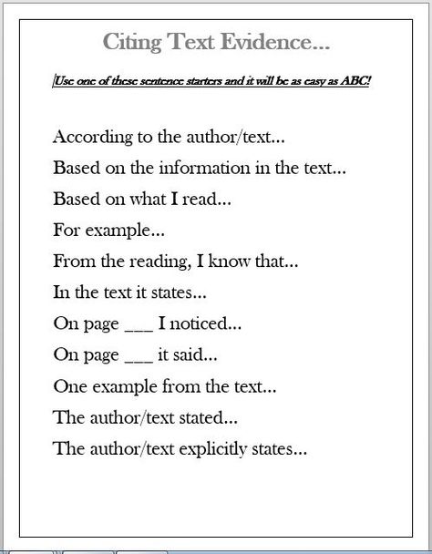 Students struggle with citing text evidence. These sentence starters should help to improve the quality of their written responses. Research Paper Sentence Starters, Summary Sentence Starters, Analysis Sentence Starters, Cer Sentence Starters, Conclusion Sentence Starters, Text Evidence Sentence Starters, Conclusion Sentence, Uni Hacks, Error Analysis Math