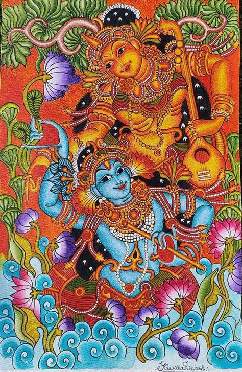 Kerela Murals Paintings, Mural Krishna, Krishna Mural Painting, Kerala Art, Blouse Painting, Buddha Painting Canvas, Mural Art Design, Mural Paintings, Flower Frame Png