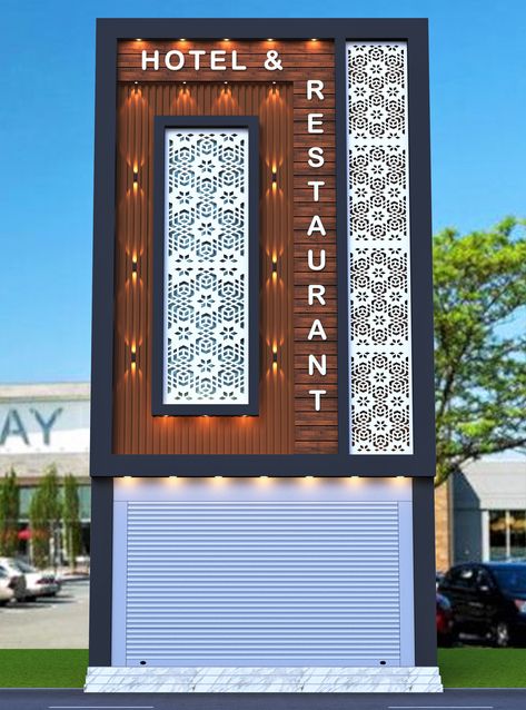 #Modern_Elevation #Front_Elevation #Hotel_Cum_Restaurant 12 Feet Front Elevation Design, Hotel Elevation Exterior, Showroom Elevation, Commercial Elevation, Exterior Paneling, Acp Sheet, Bord Design, Supermarket Design Interior, Square House Plans