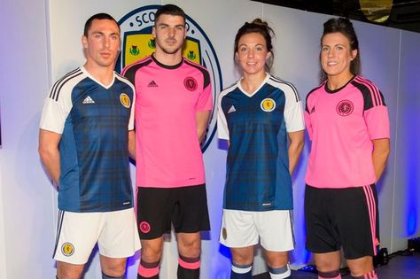 Scott Brown, Callum Paterson, Rachel Corsie and Leanne Crichton unveil the new Scotland home and away kit Scott Brown, Pink Adidas, Bright Pink, World Cup, Brave, Tartan, Varsity Jacket, Scotland, Men's Polo Shirt