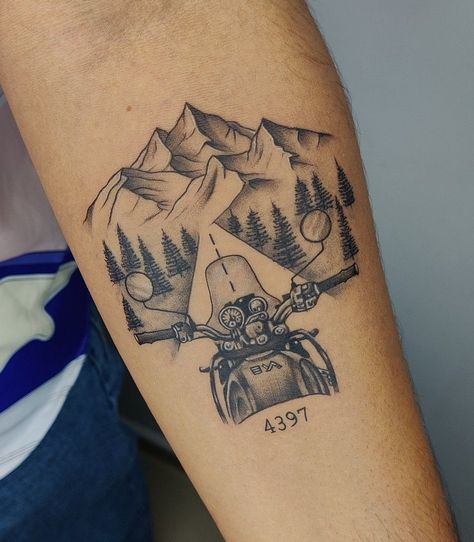 Himalayan Tattoo, Ironman Triathlon Tattoo, Moutain Tattoos, Triathlon Tattoo, Bike Tattoo, Travel Tattoo Ideas, Wing Tattoo Men, Royal Enfield Himalayan, Hippie Tattoo