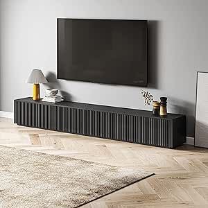 POVISON Wood TV Stand, 118” Extra-Large Black Entertainment Center for 100 inch TV, Modern Living Room Media Console with Storage, Farmhouse Slatted Solid Ash Low Cabinets, Oak Veneer 100 Inch Tv, Black Entertainment Center, Low Tv Cabinet, Black Media Console, Black Entertainment Centers, Console With Storage, Tv Modern, Wood Media Console, Mid Century Modern Tv Stand