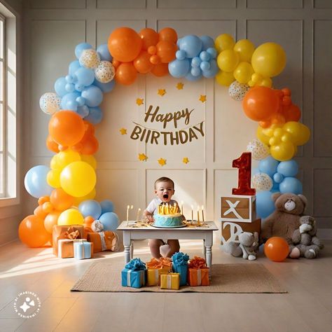 Happy Birthday Decoration 1 Year, Colorful 1st Birthday Boy, Primary Colors 1st Birthday Party, Primary Color 1st Birthday Party, Birthday Ballon Decorations, Primary Color Balloon Arch, First Birthday Theme Boy, Red Party Decorations, 5th Birthday Boys