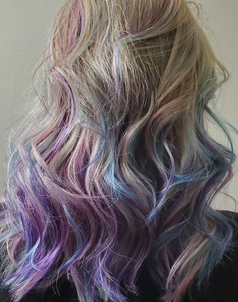 Purple And Blue Streaks In Blonde Hair, Blue In Blonde Hair, Purple Highlights Blonde Hair, Blue Tips Hair, Purple Streaks, Hair With Highlights, Purple Highlights, Blue Tips, Blue Streaks