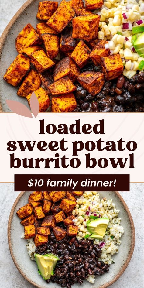 Loaded with roasted sweet potatoes, black beans, and cilantro lime rice, this Sweet Potato Burrito Bowl is a meal-prep dream. A money-saving dinner perfect for busy weeknights! Sweet Potato Burrito Bowl, Potato Burrito Bowl, Potato Burrito, Easy Corn Salsa, Sweet Potato Burrito, Burrito Bowl Meal Prep, Vegan Burrito, High Protein Vegan Recipes, Loaded Sweet Potato