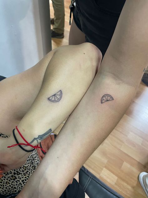 Matching Tequila Tattoos, Lemon And Lime Matching Tattoos, Matching Orange Tattoos, Simple Orange Slice Tattoo, Lime Tattoo Ideas, Non Matching Best Friend Tattoos, Lime Tattoo Small, Lemon And Lime Tattoo, Matching Fruit Tattoos