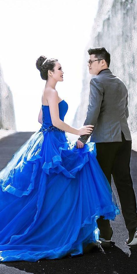 blue wedding dresses a line ruffled skirt swetheart dark new york art bridal Dark New York, Blue Bridal Dress, Something Borrowed Wedding, Electric Blue Dress, Electric Blue Dresses, Wedding Dresses Guest, Strapless Wedding Gown, Blue Wedding Inspiration, White Bridal Dresses