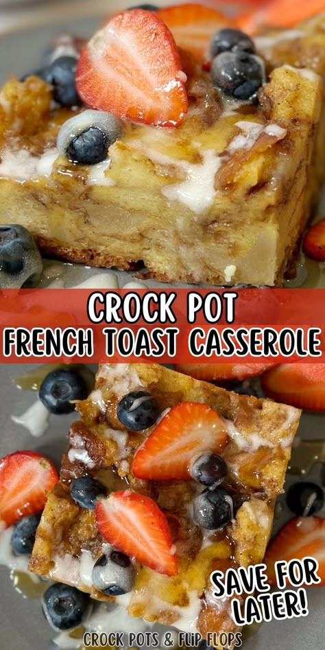 This French Toast Casserole is easy and perfect for the holidays. This sweet treat is topped with a delicious cinnamon crumble. Make this the night before and all you have to do is turn it on in the morning. It's perfect for breakfast, brunch, or a breakfast for dinner meal! Make it today! French Toast In Crock Pot Easy Recipes, 9x13 Crockpot Breakfast Casserole, Breakfast Crockpot Ideas, Thanksgiving Breakfast Crockpot, Easy Breakfast In Bed Ideas, Crockpot Breakfast Recipes For A Crowd, Crockpot Pancake Casserole, Mountain Man Crock Pot Breakfast, Breakfast Potluck Ideas For Work Crockpot