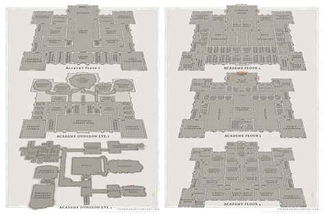 Wizard Academy Floors - page1-2 by SirInkman Wizard Academy, Minecraft Houses Blueprints, Building Map, House Plans Mansion, Wizard School, Dnd Stuff, Rpg Maps, Ark Survival Evolved, Dungeon Maps