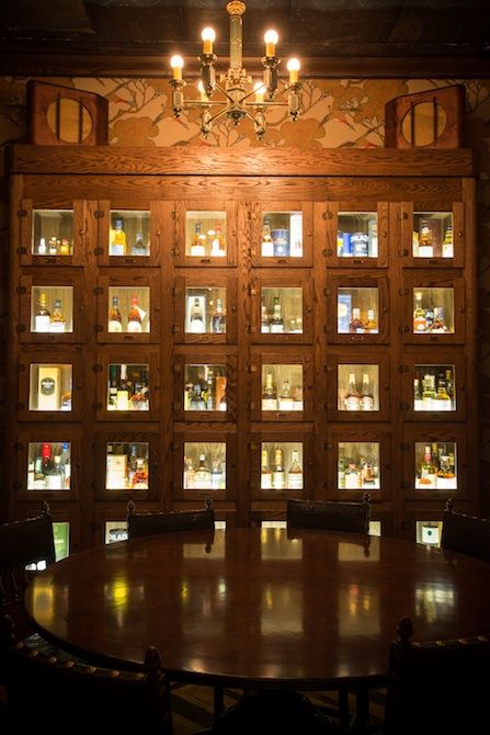 Multnomah Whisk(e)y Library Bourbon Wall Display Ideas, Basement Whisky Bar, Whisky Library, Whisky Wall Cabinet, Whiskey Library, Whisky Store, Whiskey Cabinet, Library Bar, Bar Modern