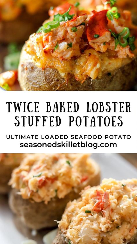 Creamy Pasta Sauce Recipes, Steak And Lobster Dinner, Baked Lobster, Baked Potato Skins, Steak And Lobster, Baked Potato Bar, Stuffed Potatoes, Lobster Dishes, Stuffed Baked Potatoes