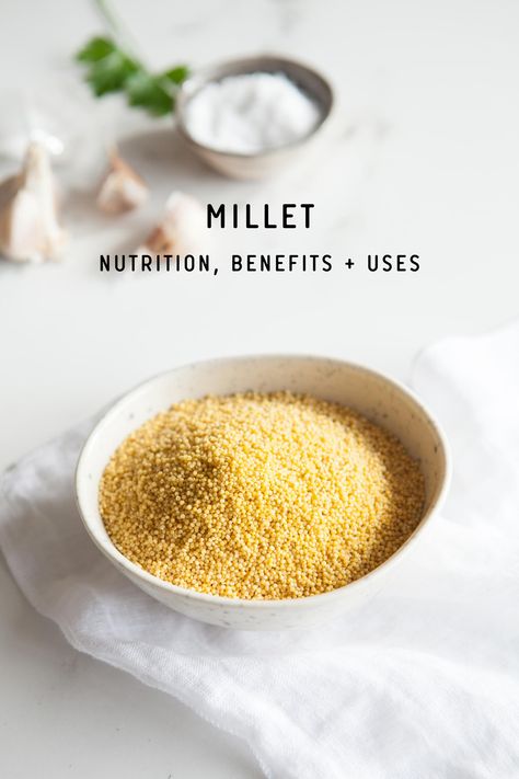 Millet nutrition, benefits and uses: a delicious gluten free grain you need to know about! Millet Benefits, Yummy Easy Snacks, Millet Recipes, Food Health Benefits, Health Fitness Nutrition, Healthy Menu, Gluten Free Grains, Plant Based Nutrition, Gluten Free Eating