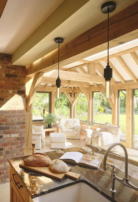 Oak frame orangeries | Home extensions Kitchen Conservatory Extension, Conservatory Kitchen Extension, Orangery Extension Kitchen, Kitchen Extension Ideas, Timber Frame Extension, Kitchen Orangery, Oak Framed Extensions, Conservatory Extension, Orangery Extension