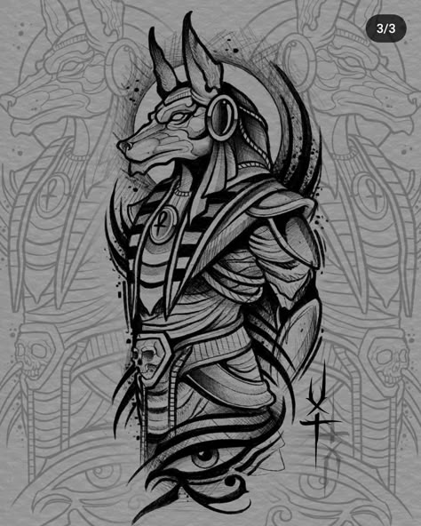 Egypt Tattoo Design, Half Sleeve Tattoos Sketches, Egyptian Eye Tattoos, Egyptian Tattoo Sleeve, American Traditional Tattoo Ideas, Anubis Tattoo, Traditional Tattoo Ideas, Lion Tattoo Sleeves, Aztec Tattoo Designs