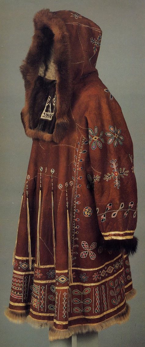 Here is a woman's coat/dress for a festive occasion. You will notice the beaded fringes, a prominent part of Koryak costume. This one has the fur on the inside. It is also richly embroidered. Siberian Clothing, Culture Fashion, Folk Dresses, Old Fashion, Folk Costume, Historical Clothing, Historical Fashion, Mode Inspiration, Larp