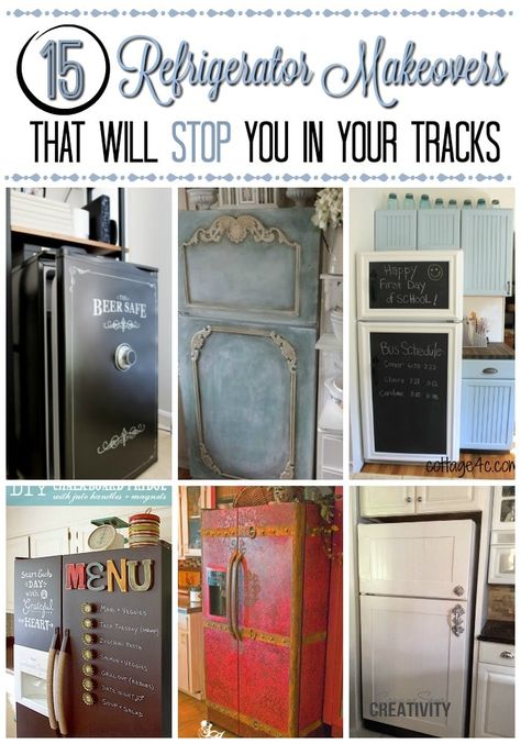 You HAVE to see these refrigerator makeovers! They are absolutely drool-worthy and totally something you could do in a weekend! Vintage Kitchen Fridge, Repurposed Refrigerator Ideas, Upcycle Fridge Old Refrigerator, Old Refrigerator Makeover, Retro Fridge Wrap, Painting Refrigerator Diy, Appliance Wraps Kitchens, Painted Refrigerator Diy, Paint Refrigerator Diy