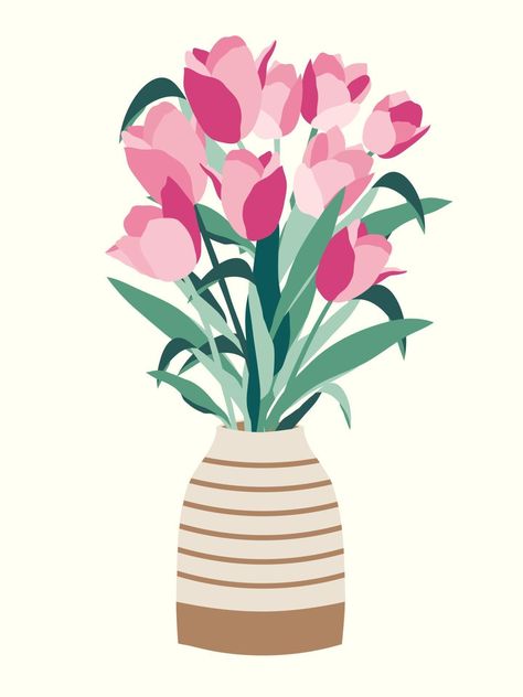 Tulips flowers bouquet in vase illustration Flowers Bouquet Vase, A Vase Of Flowers Drawing, Bunch Of Flowers Illustration, Flower In Vase Illustration, Flowers In A Vase Aesthetic, Tulip Illustration Simple, Vase With Flowers Drawing, Vase Of Flowers Drawing, Flowers In Vase Drawing