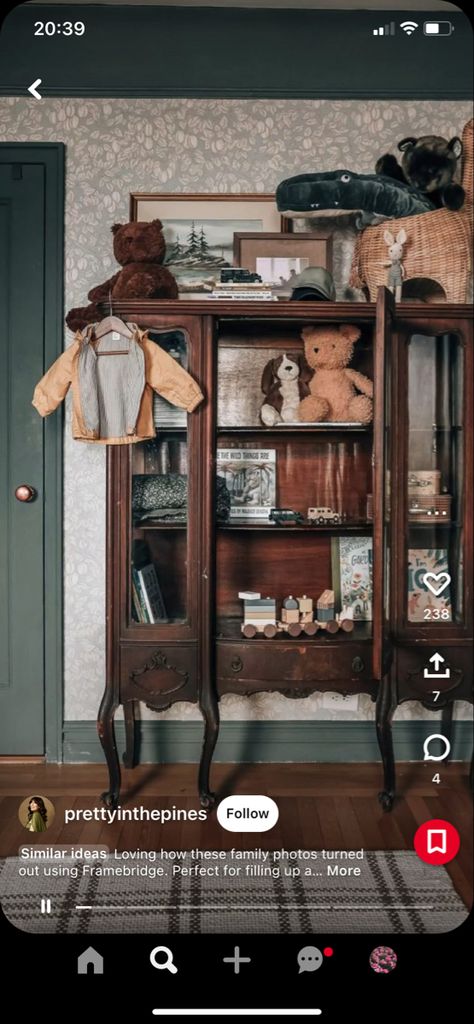 China Cabinet In Nursery, Antique Nursery Furniture, Antique Western Nursery, Green Vintage Nursery, Victorian Style Nursery, Nursery Old Fashioned, Victorian Baby Room, Cozy Pregnancy Announcement, Baby Boy Vintage Nursery