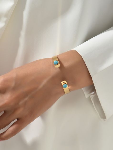 Yellow Gold Fashionable Collar  Zinc Alloy  Cuff Embellished   Jewelry Turquoise Decor, Cuff Bangle Bracelet, Bracelet Argent, Cuff Bangles, Zinc Alloy, Bangle Bracelets, Gold Bracelet, Women's Fashion, Bangles