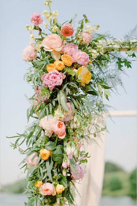 Diy Wedding Arch Flowers, June Wedding Colors, Pink Yellow Weddings, Lemonade Wedding, Boutique Flowers, Backdrops Ideas, Morgan Smith, Flowers Arch, Pink Green Wedding