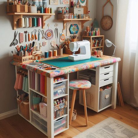 15 Small Craft Room Ideas for Creative Spaces Craft Sewing Room Ideas Work Spaces, Crafty Room Ideas, Small Craft Office Ideas, Craft Room Spare Bedroom Combo, Home Office Craft Room Ideas, Small Space Craft Storage, Sewing Space Ideas Small, Craft Station Ideas, Hobbit Apartment