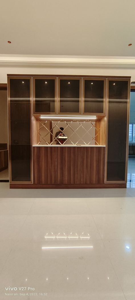 Glass interior solution Crockery Unit Mirror Design, Fluted Glass Crockery Unit, Glass Crockery Unit Design Modern, Brown Tinted Glass Wardrobe, Crockery Cabinet Design Dining Rooms, Glass Crockery Unit, Crockery Units Modern, Glass Wardrobe Design, Kitchen Glass Cabinets