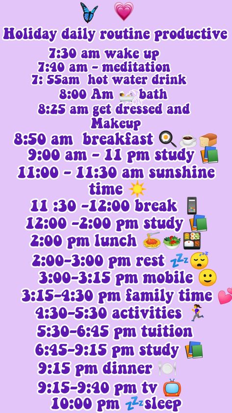 Everyday Study Routine, School Holiday Schedule, Winter Holiday Routine, School Holiday Routine, Productive Holiday Routine, Holiday Study Timetable, Winter Break Morning Routine, Holiday Study Routine, Holiday Study Schedule