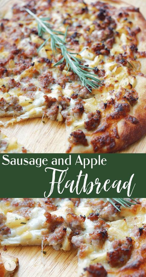 Flatbread made with your favorite pizza dough, shredded Mozzarella cheese, Italian sausage, apples and fresh rosemary. Apple Flatbread, Flatbread Pizza Dough, Sausage Flatbread, Sausage Pizza Recipe, Italian Sausage Pizza, Apple Pizza, Mozzarella Pizza, Cheese Flatbread, Sausage Pizza