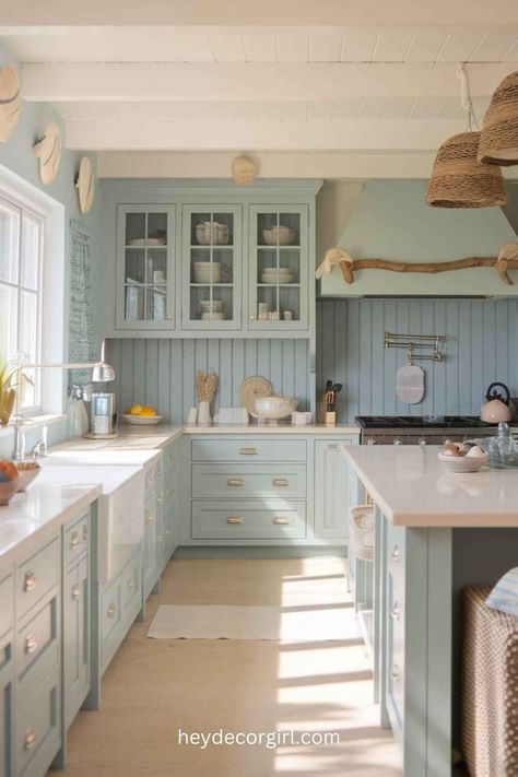 25 Awesome Coastal Kitchen Decor Ideas - Hey Decor Girl [Latest Trending Decor Design Ideas] Tiffany Blue Kitchen Decor, Coastal Grandma Beach House, Coastal Apartment Kitchen, Beach Kitchen Aesthetic, Coastal New England Kitchen, Key West Home Interior, Maine House Interiors, Beach Kitchen Ideas Coastal Colors, Beach House Kitchen Ideas