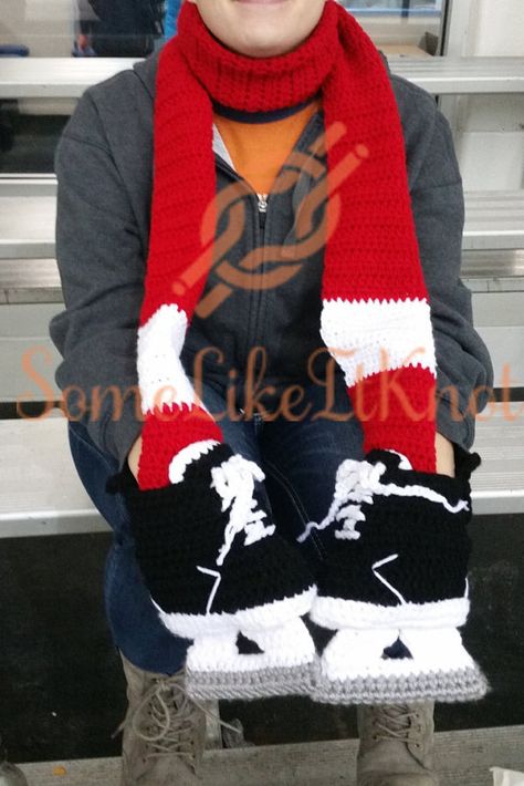 Hockey Skate Pocket-Scarf. Custom team colors by SomeLikeItKnot Hockey Crochet Patterns, Crochet Hockey, Crochet Hockey Hat Pattern, Colts Football Crochet Scarf Free Pattern, Team Spirit Crochet Scarf Pattern, Pocket Scarves, Red Wings Hockey, Hockey Girls, Detroit Red Wings Hockey