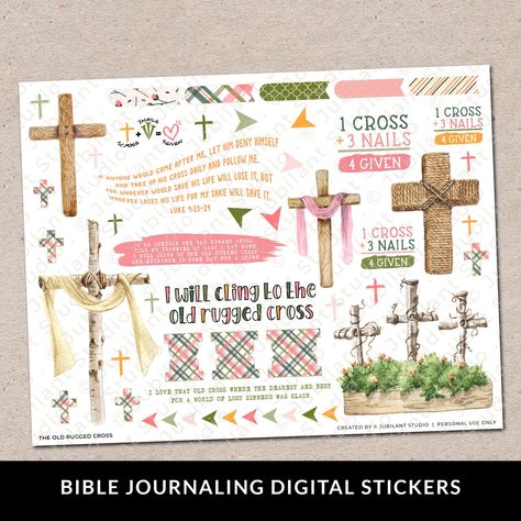 The Old Rugged Cross Easter Bible Journaling Printable Sticker Sheet, Journal Supplies, Bible Faith Art, Bible Stickers, Instant Download by JubilantS on Etsy Easter Bible Journaling, Bible Stickers Journaling, Christian Journal Stickers, Faith Junk Journal Ideas, Bible Journaling Washi Tape Ideas, Bible With Stickers On It, Bible Stickers, The Old Rugged Cross, Translucent Stickers