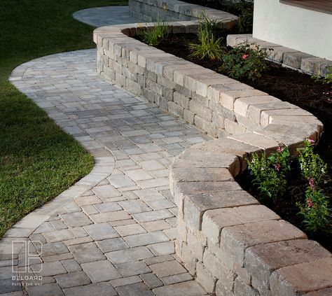 Retaining Wall Stone Ideas, Pavers Retaining Wall, Backyard Retaining Wall Ideas Bench Seat, Front Garden Retaining Wall Ideas, Cobblestone Retaining Wall, Brick Retaining Walls, Low Stone Wall Front Yard, Belgard Retaining Walls, Paver Walls Landscape Design