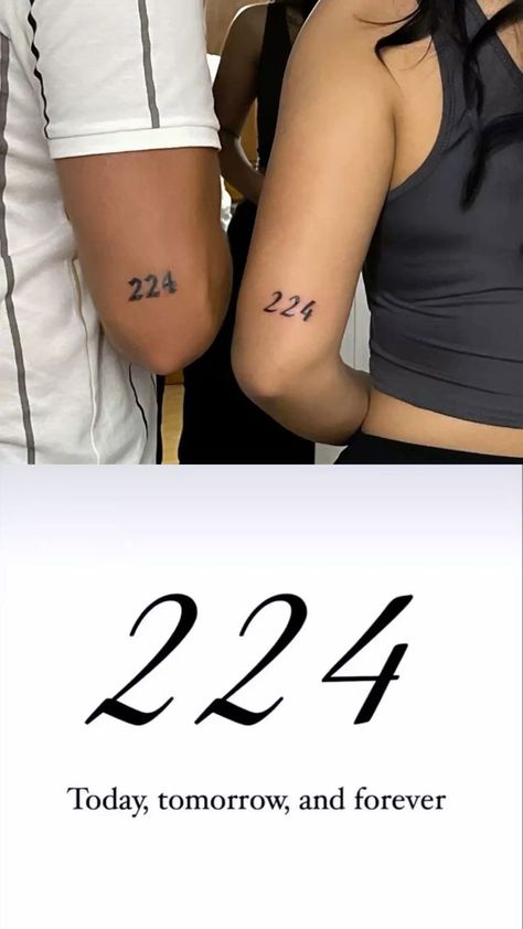 Today tomorrow and forever Matching 224 tattoos on arms symbolize Today, tomorrow, and forever commitment in stylized black ink. | Sky Rye Design Matching Tatoos Minimaliste Couples, Small Tattoo For Husband, Matching Tattoos For Sisters Unique, Matching Tattoos For Couple, Tattoo Ideas For Husband And Wife, 244 Tattoo, 224 Tattoo Meaning, Boy And Girl Best Friends Tattoos Ideas, 224 Tattoo Ideas Couples