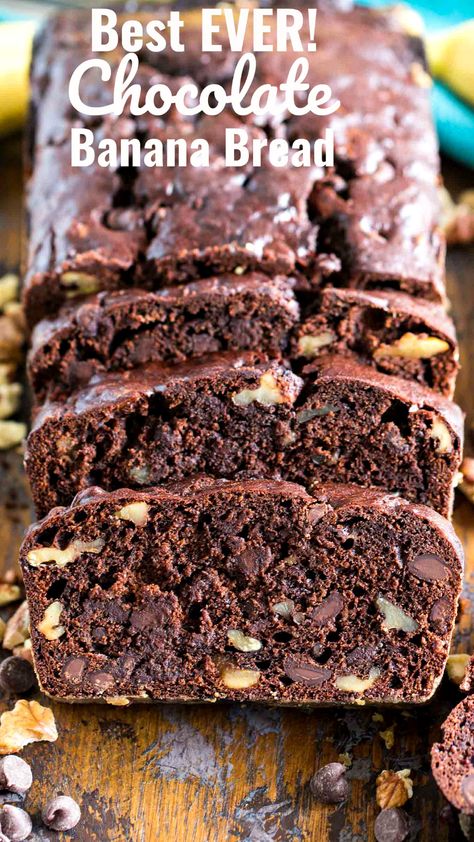 Chocolate Banana Bread is the best banana bread you will ever have! Incredibly tender, moist and flavorful, loaded with chocolate chips and crunchy walnuts! #banana #bananabread #chocolate #easyrecipes #easydessert #desserts #sweetandsavorymeals Best Chocolate Banana Bread, Pudding Bread, Chocolate Banana Bread Recipe, Puding Roti, Chocolate Banana Cake, The Best Banana Bread, Homemade Banana Bread, Recipes Bread, Full Recipes