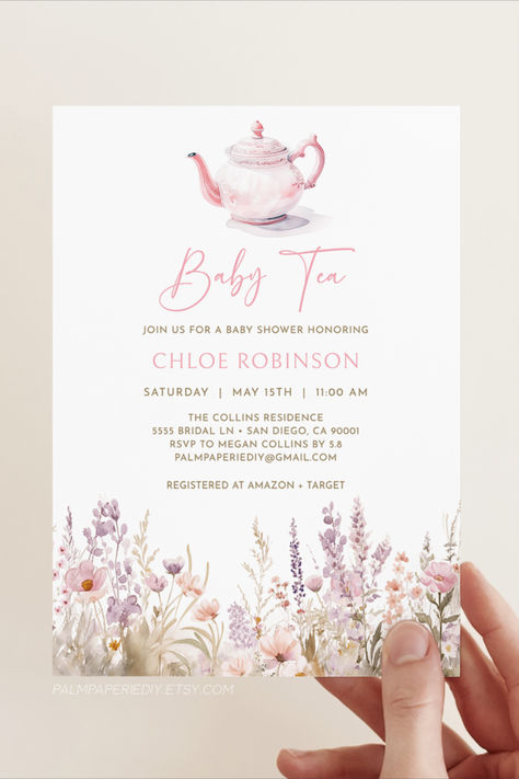 Baby shower tea party ideas for girl. These Baby Tea invitations are perfect for a garden party high tea in spring! Afternoon Tea Baby Shower Ideas Girl, Girl Baby Shower Tea Party Theme, Baby Girl Tea Party Shower Ideas, High Tea Baby Shower Ideas Girl, High Tea Baby Shower Ideas, Baby Shower Tea Party Ideas, Tea Party Baby Shower Ideas, Baby Shower High Tea, Brunch Invites