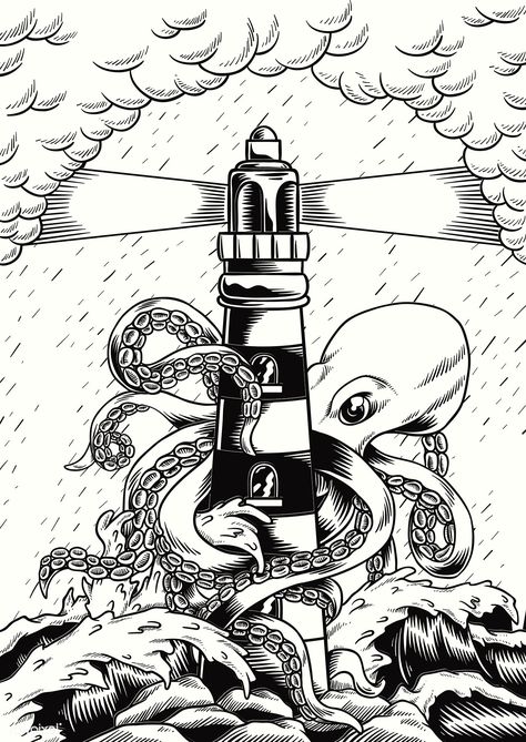 A giant octopus with tentacles wrapped around a lighthouse vector. | premium image by rawpixel.com / nunny Nautical Drawings, Lighthouse Illustration, Kraken Tattoo, Lighthouse Drawing, Giant Octopus, Octopus Illustration, Octopus Tattoo Design, Storm Art, Lighthouse Tattoo